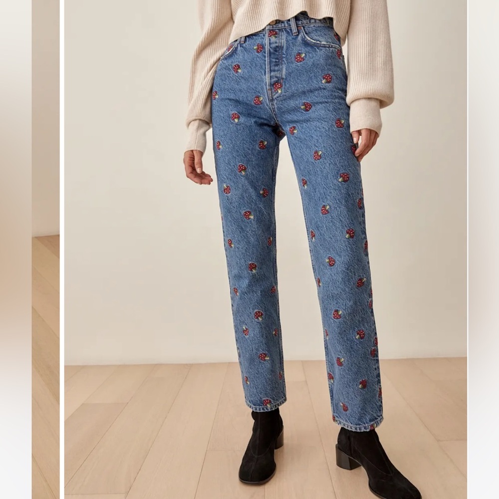 Reformation Blue Floral Straight Leg Jeans